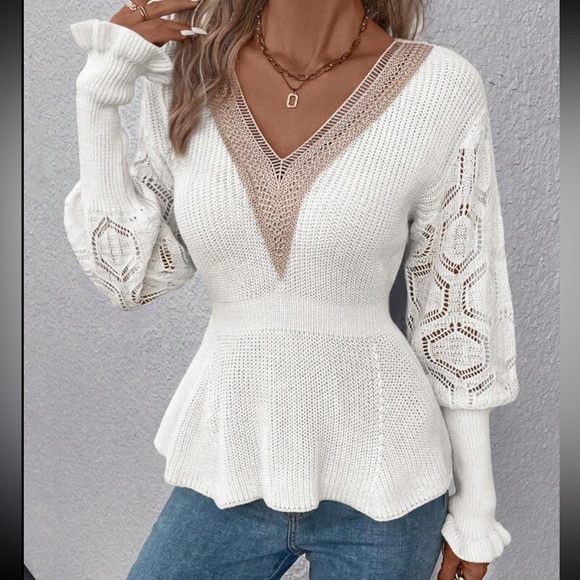 Sheer Mesh Lace Cuff Long Sleeve V -Neck Sweater Top - Picture 11 of 16